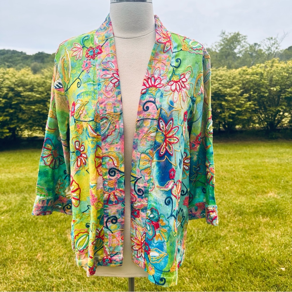 John Mark Colorful Floral Embroidered Kimono Petite Jacket